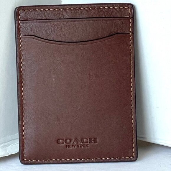 Coach Money Clip Card Case Mens Dark Saddle Leather C6702 Wallet Compact Slim - Picture 6 of 7